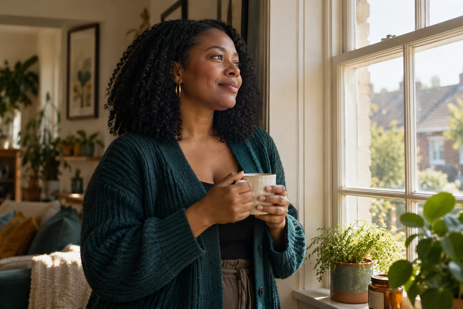 Black woman enjoying a quiet moment at home